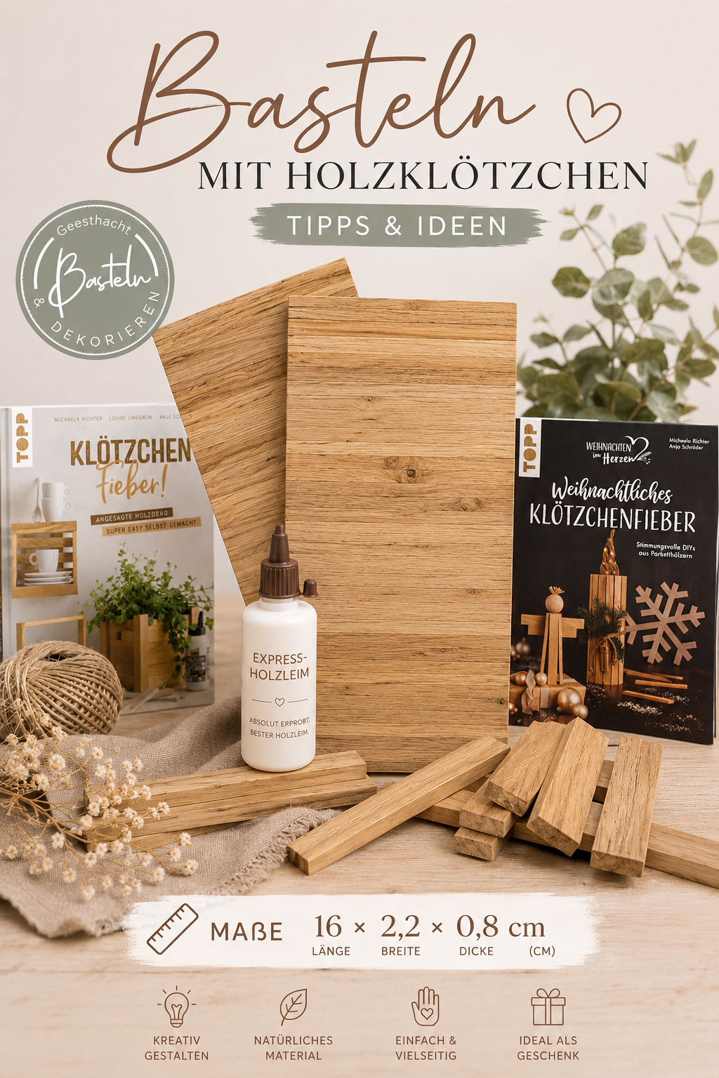 Eichenholzklötzchen mit Holzleim und Bastelbüchern für DIY-Dekorationen